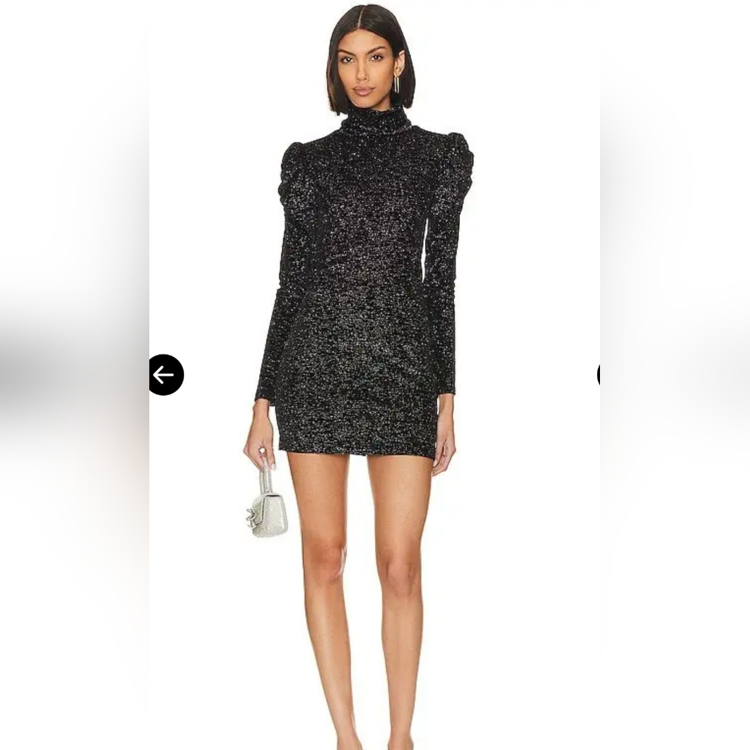 Misa Los Angeles Black Sparkle Turtleneck Puff-Sleeve Mini Dress